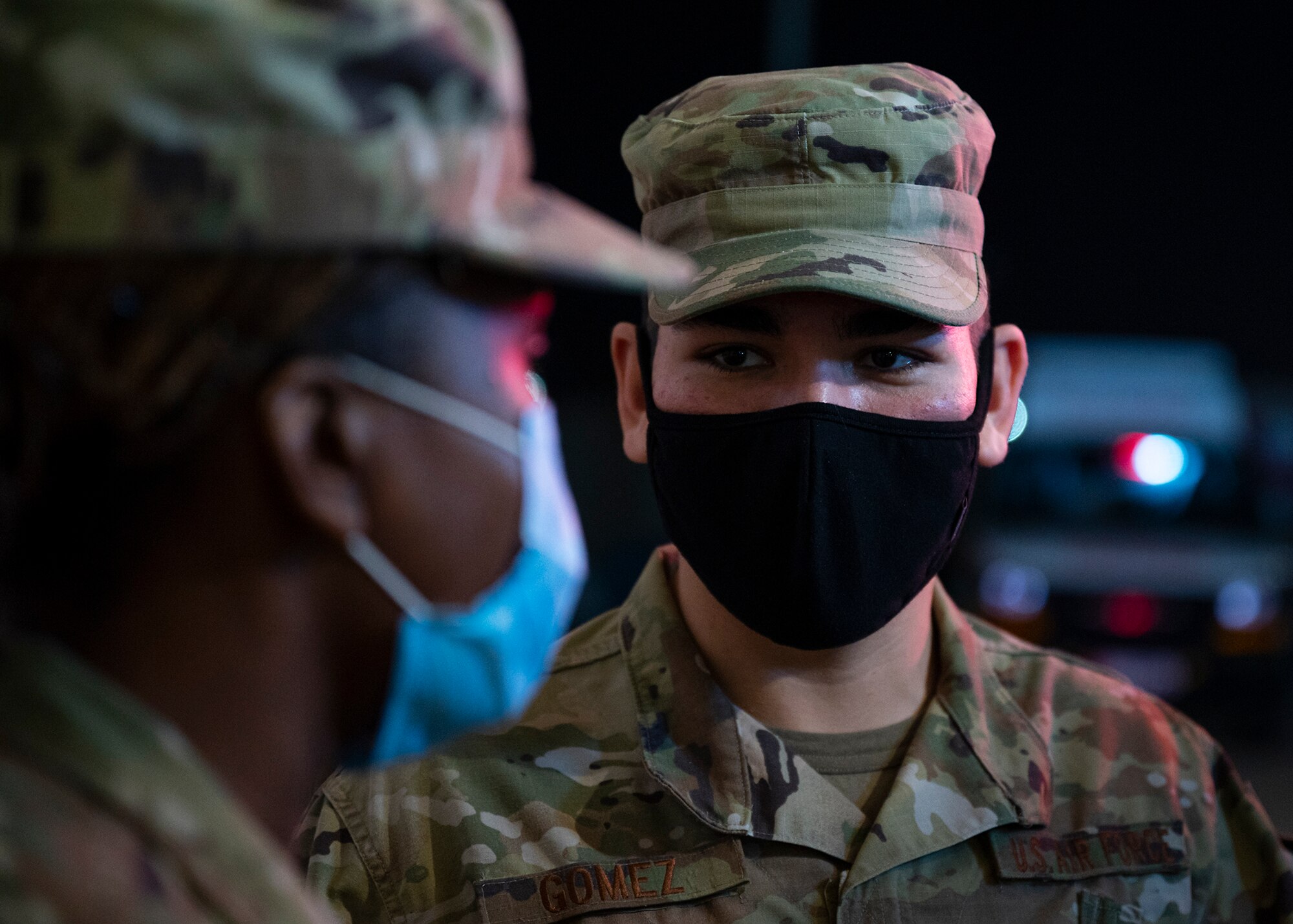 Participants in the 380th Air Expeditionary Wing Honorary Members Program talk during a 380th Expeditionary Medical Group (EMDG) immersion event at Al Dhafra Air Base, United Arab Emirates, Jan. 28, 2021.