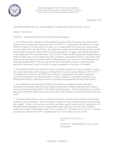 Col. Jeffrey Schreiner, 509th Bomb Wing commander, has renewed the declaration of the Public Health Emergency, in accordance with Air Force Instruction (AFI) 10-2519, Public Health Emergencies and Incidents of Public Health Concern, and Assistant Secretary of Defense memorandum dated 27 April 2020, titled Extension of Department of Defense Public Health Emergency Declarations. This declaration will terminate automatically 90 days from the date of this memorandum unless it is renewed or terminated sooner by Schreiner or a senior commander in the chain of command. (Courtesy Photo)