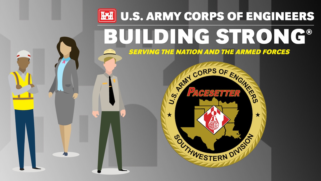 A graphic with a cartoon construction worker, woman in a suit, and park ranger with the text U.S. Army Corps of Engineers, building strong, serving the nation and the armed forces, and the Southwestern division logo.