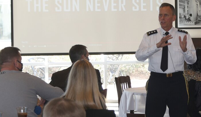 Lt. Gen. Daniel L. Karbler, commanding general, U.S. Army Space and Missile Defense Command, addresses members of the Leadership Greater Huntsville who participated in a behind the gates tour of Redstone Arsenal, Alabama, Feb. 3. During the tour Leadership Greater Huntsville participants witnessed demonstrations and received overviews from the garrison, FBI, Army Materiel Command, USASMDC, Marshall Space Flight Center and other organizations. (U.S. Army photo by Jason B. Cutshaw)