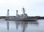 The future USS Daniel Inouye (DDG 118) departs General Dynamics Bath Iron Works shipyard on Feb. 3 for acceptance trials.