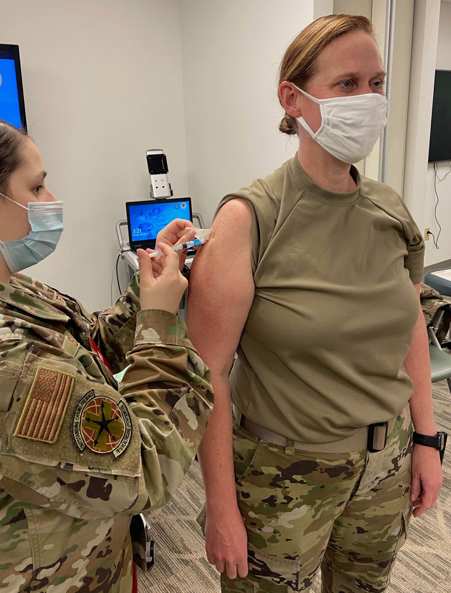 U.S. Air Force Col. Cherly Deloughery, Deputy Chief of Civil Engineer Division for Air Force Reserve Command, is given her second dose of COVID-19 vaccine at the 78th Medical Group, Robins Air Force Base, GA., Feb. 5, 2021. AFRC leaders have now completed their required two doses of the COVID-19 vaccine. (courtesy photo)