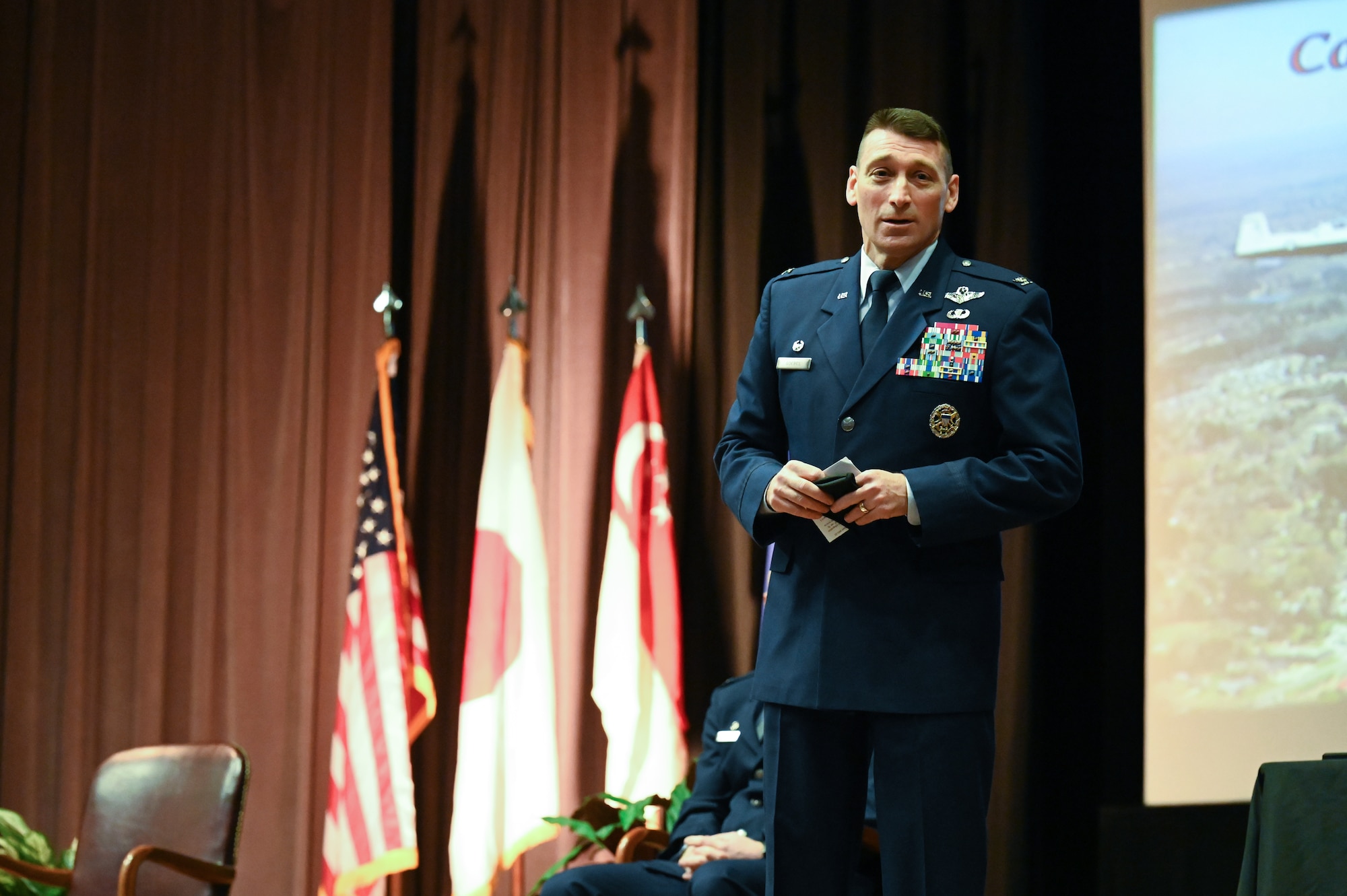 U.S. Air Force Col. Edward Goebel Jr., 461st Air Control Wing, commander, speaks to the newest aviators graduating from class 21-05, Feb. 5, 2021, on Columbus Air Force Base, Miss. Sixteen officers gained the title of “Air Force pilot” after a rigorous 52-week training program. (U.S. Air Force photo by Airman 1st Class Jessica Haynie)