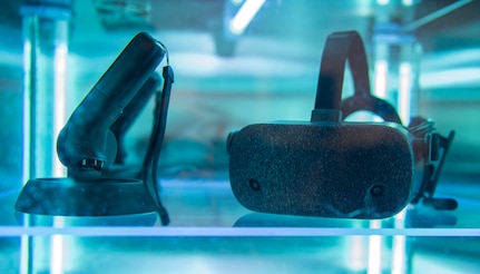 An ultraviolet cleaning station disinfects a portable immersive training device headset and controls during evaluations at Joint Base San Antonio-Randolph, Feb. 2, 2021.