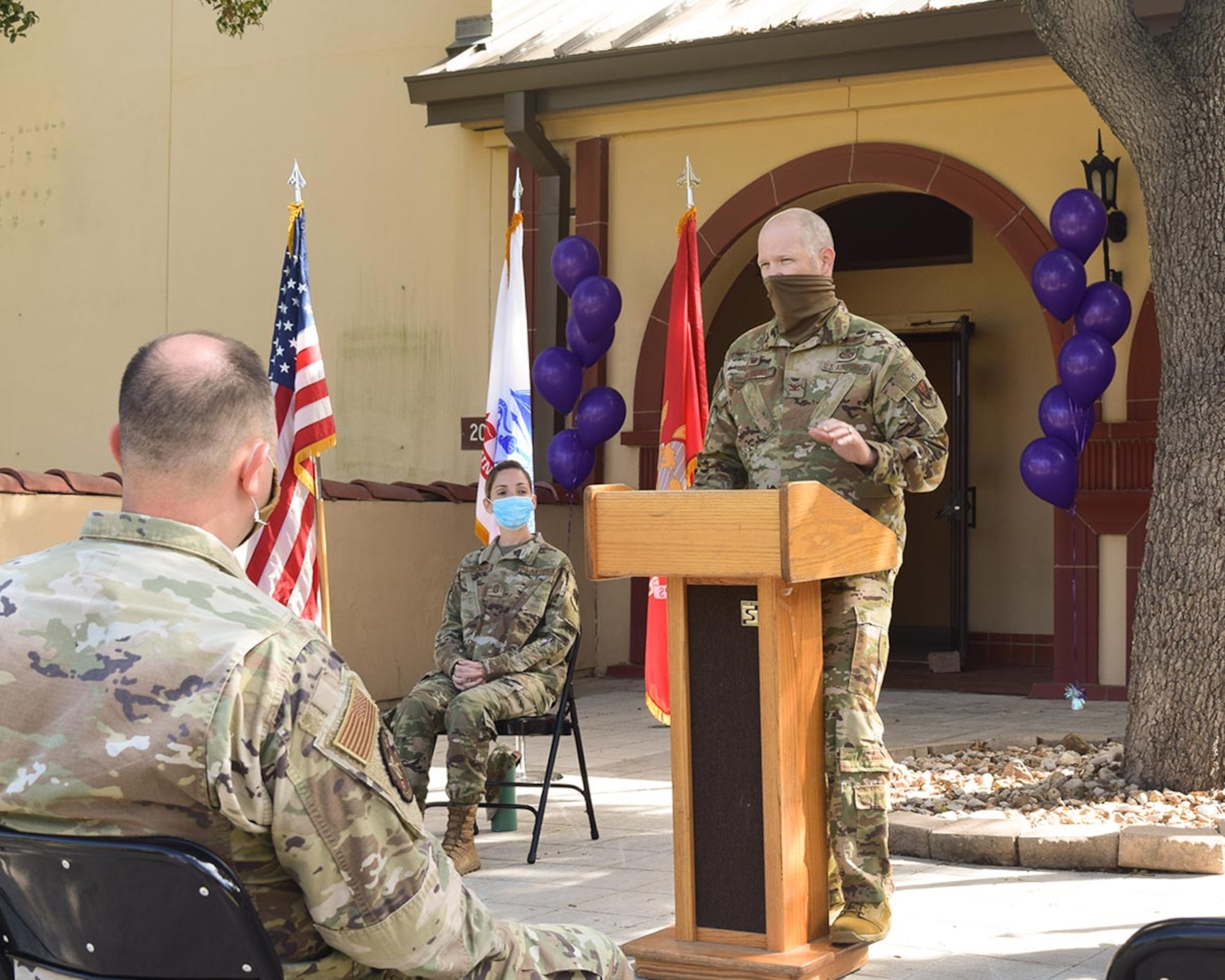 U. S. Air Force Col. Ty Gilbert, 543rd Intelligence, Surveillance and Reconnaissance Group commander, presides over a ribbon cutting ceremony for the Joint Collaboration Facility, Joint Base San Antonio-Lackland, Texas, Jan. 29, 2021.