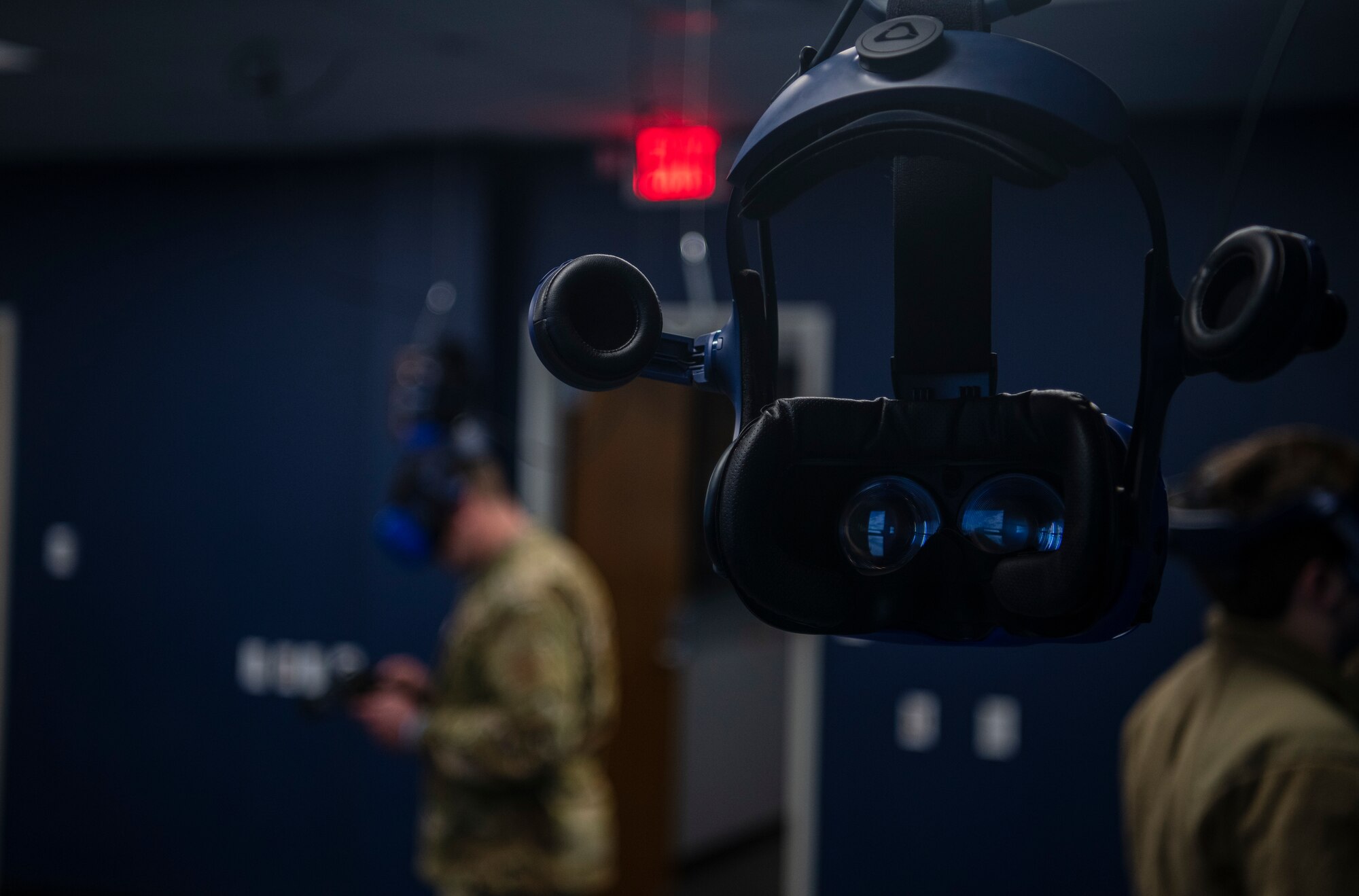 A virtual reality headset hangs from the ceiling in the 317th Maintenance Group’s VR Lab at Dyess Air Force Base, Texas, Jan. 20, 2021.