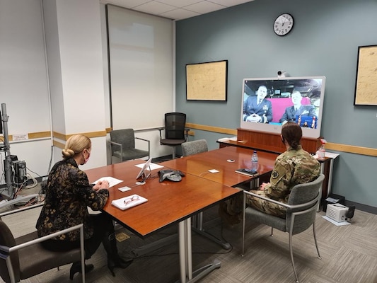 BATUMI, Georgia (Feb. 5, 2021) Ambassador Kelly Degnan and Defense Attaché Col. Stephanie Bagley meet virtually with Arleigh Burke-class guided-missile destroyer USS Donald Cook (DDG 75) Commanding Officer, Cdr. Matthew Curnen and Executive Officer, Cdr. Kurt Astroth while the ship makes a brief stop for fuel and supplies in Batumi, Georgia, Feb. 5, 2021. Donald Cook, forward-deployed to Rota, Spain, is on patrol in the U.S. Sixth Fleet area of operations in support of regional allies and partners and U.S. national security in Europe and Africa. (U.S. Navy photo courtesy of Georgia Embassy courtesy/Released)