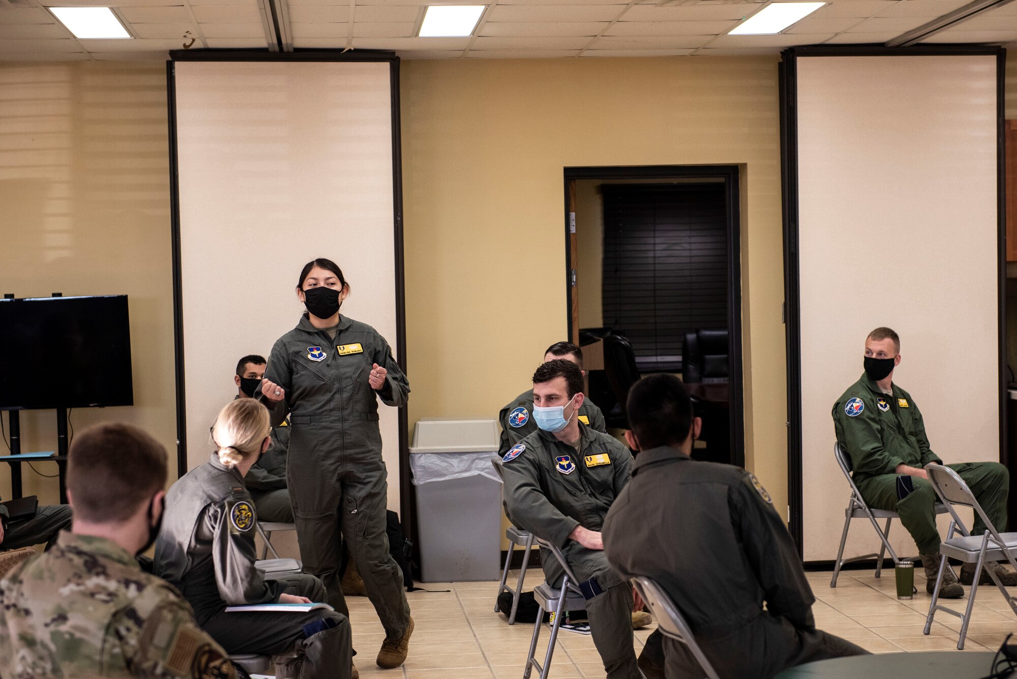 Student pilots introduce themselves to their classmates to bring them together before starting training together. Feb. 01, 2021 at Laughlin Air Force Base, Texas. It's important for the students to bound together because one can make it through pilot training alone. (U.S. Air Force photo by Airman 1st Class David Phaff)