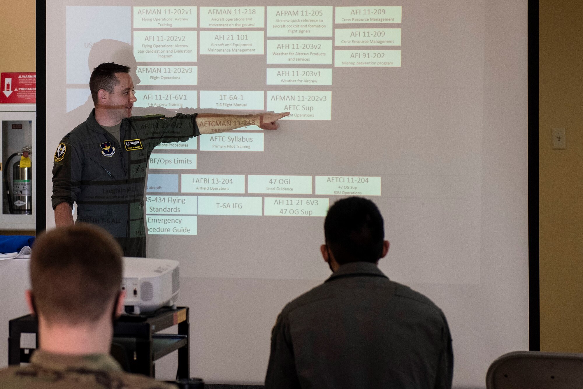 An instructor pilot giving a lecture to the class about the different responsibilities of a pilot and what they have to expect and look forward to Feb. 03, 2021 at Laughlin Air Force Base, Texas. Pilots are   for an aircraft and its crew or cargo, so it's important for students to understand how important it is.(U.S. Air Force photo by Airman 1st Class David Phaff)