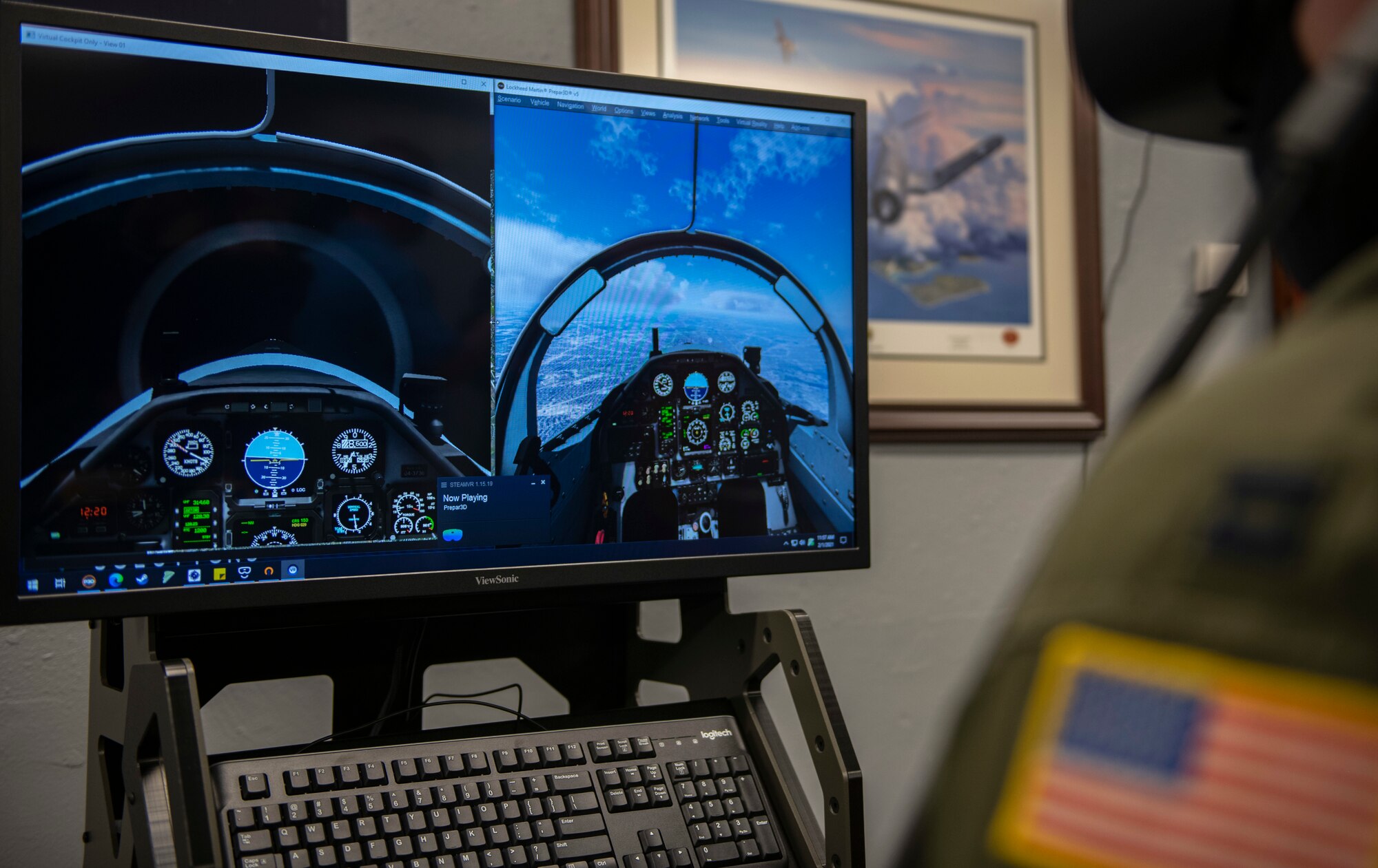 U. S. Air Force Capt. Kyle Maloney, a pilot temporarily assigned to the 559th Flying Training Squadron test flies a T-6 Texan II simulator during an immersive training device evaluation.