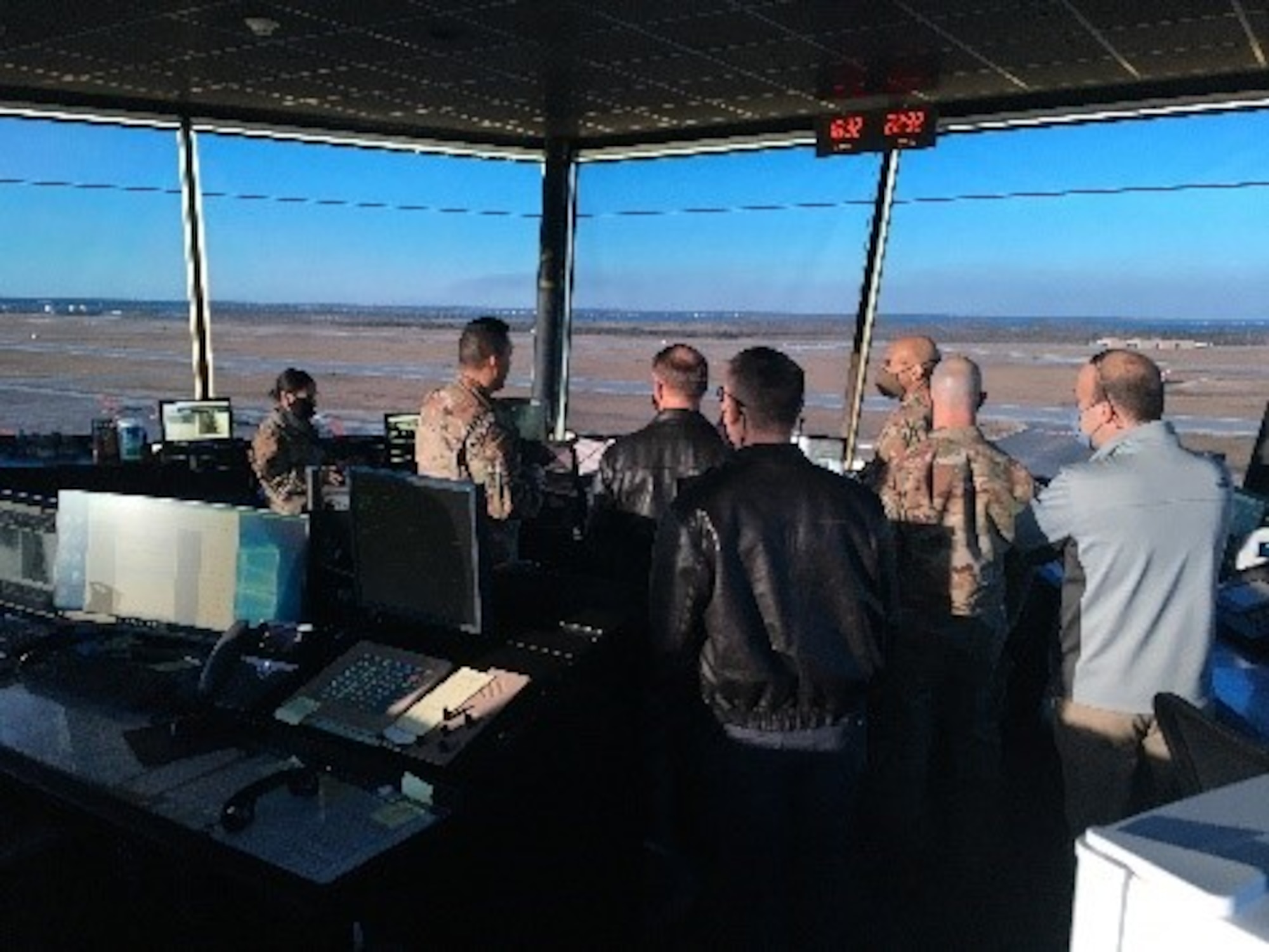 Flightline of the Future Summit attendees got a bird’s eye view of the flightline from Tyndall’s air traffic control tower yesterday. They discussed flight operations, its challenges and how best to improve operations with air traffic controllers. (U.S. Air Force photo by Donald Arias)