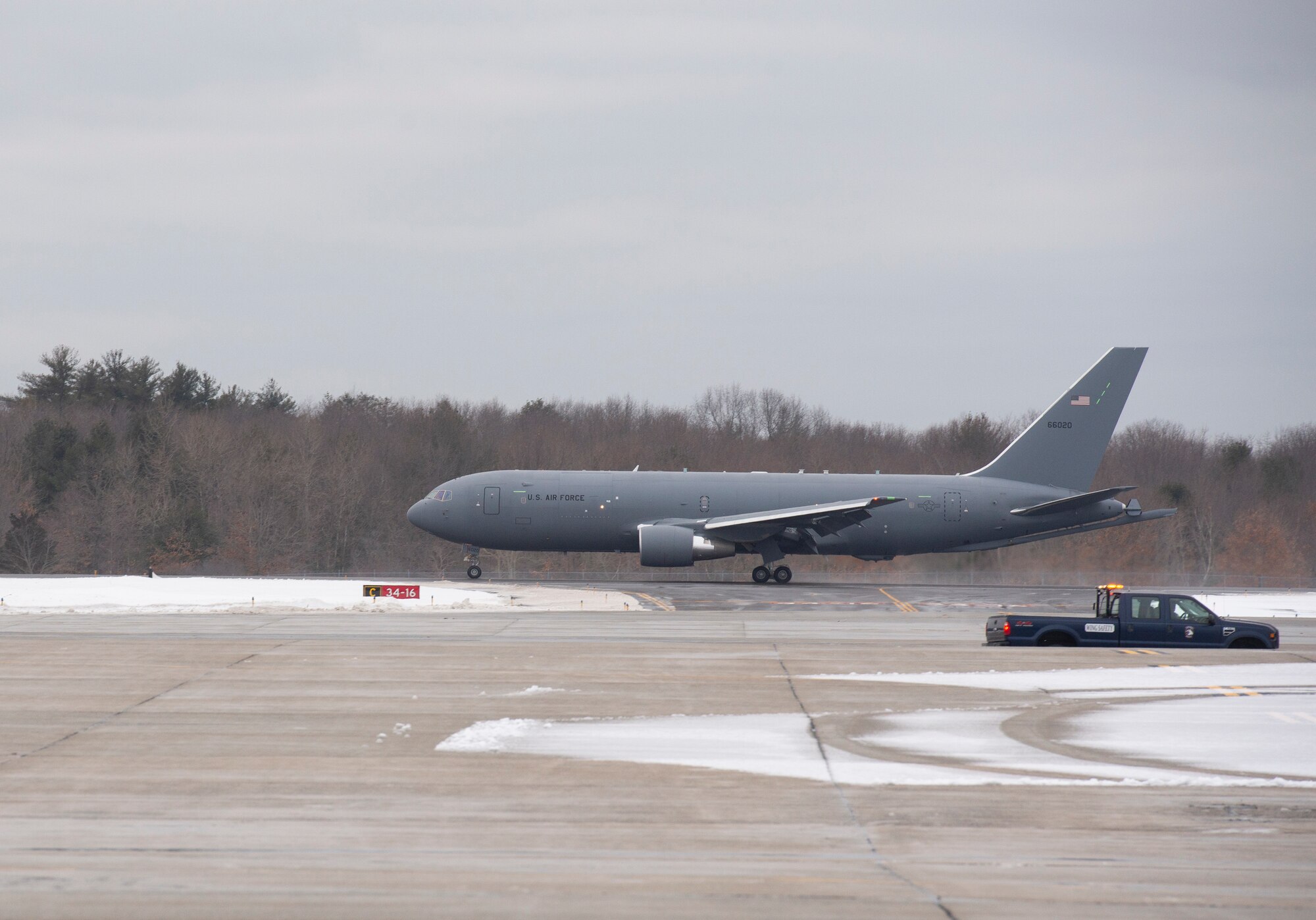 The 12th and final KC-46A Pegasus lands at Pease Air National Guard Base, N.H., Feb. 5, 2021. The aircraft completes the 157th Air Refueling Wing’s fleet of future refuelers and marks the beginning of a new generation in air refueling for the New Hampshire Air National Guard.