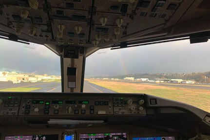 A rainbow over Boeing Field, Seattle, Washington, as seen from the flight deck of a KC-46A Pegasus, just prior to its delivery flight to Pease Air National Guard Base, New Hampshire, Feb. 5, 2021.