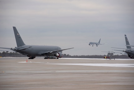 The 12th and final KC-46A Pegasus lands at Pease Air National Guard Base, N.H., Feb. 5, 2021. The aircraft completes the 157th Air Refueling Wing’s fleet of future refuelers and marks the beginning of a new generation in air refueling for the New Hampshire Air National Guard.