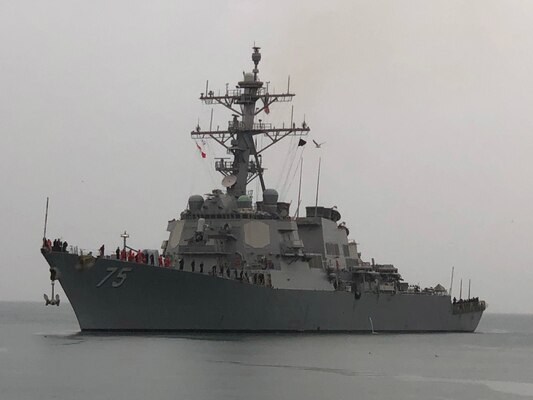 The Arleigh Burke-class guided-missile destroyer USS Donald Cook (DDG 75) arrives in Batumi, Georgia, Feb. 5, 2021.