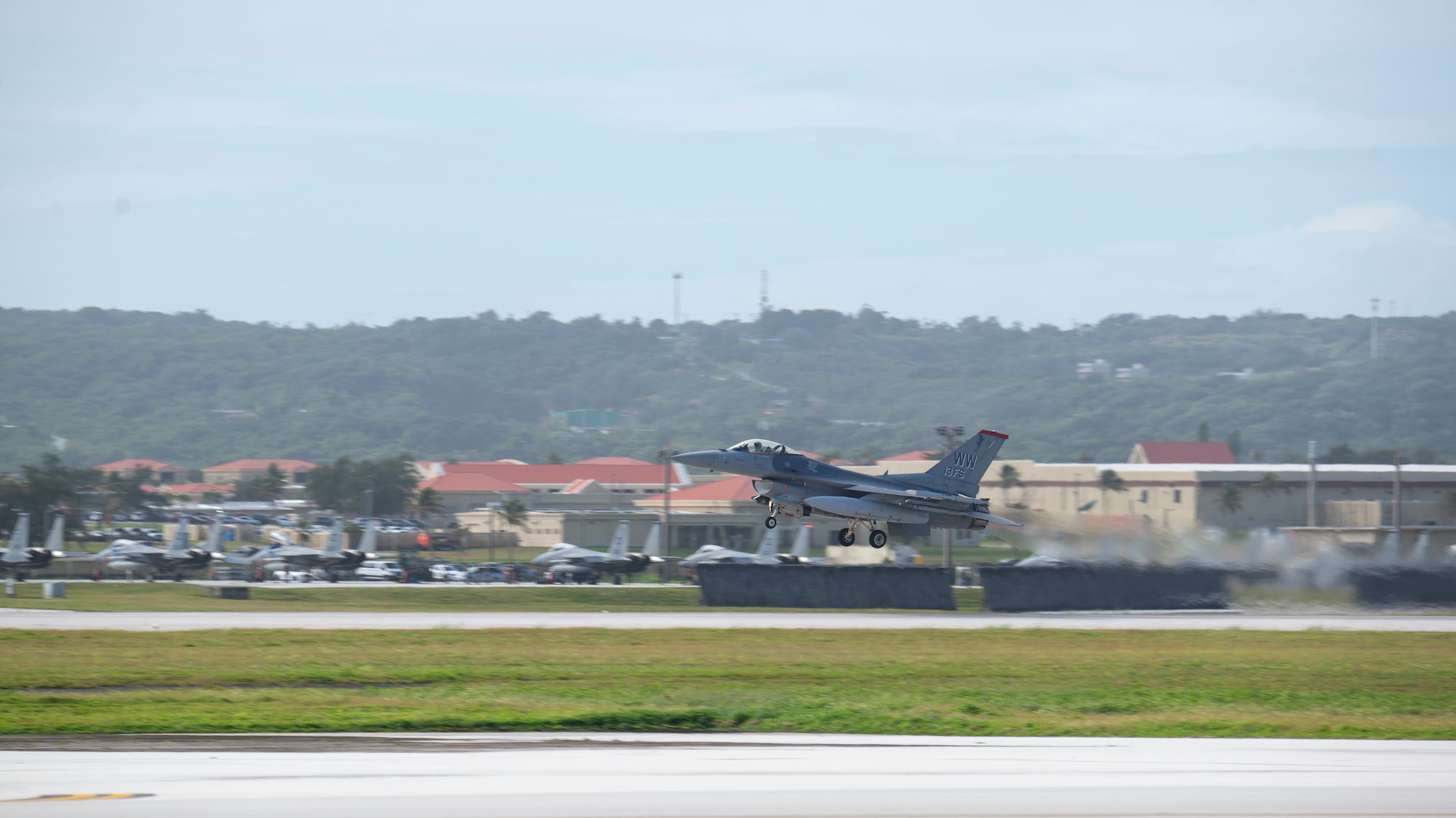 A U.S. Air Force F-16CJ Fighting Falcon assigned to 13th Fighter Squadron, Misawa Air Base, Japan, takes off during Exercise Cope North 2021 at Andersen Air Force Base, Guam, Feb. 5, 2021. Exercise Cope North 2021is an annual U.S. Pacific Air Forces joint/combined, trilateral field training exercise occurring Feb. 3-19, 2021. The exercise includes participants from the U.S. Air Force, U.S. Navy, U.S. Marine Corps, Japan Air Self-Defense Force and Royal Australian Air Force conducted primarily at Andersen AFB. (U.S. Air Force photo by Senior Airman Aubree Owens)