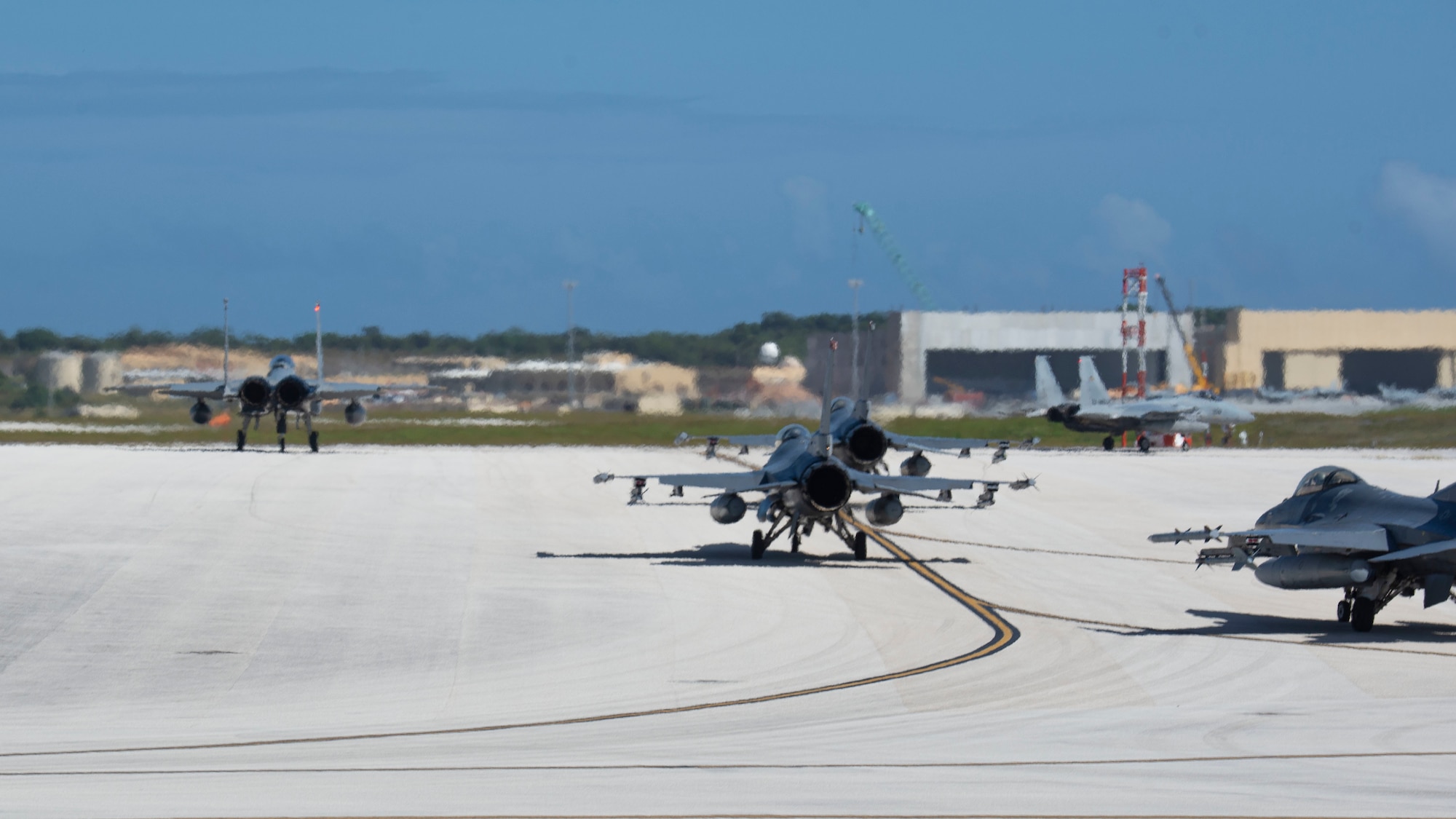 U.S. Air Force F-16CJ Fighting Falcons assigned to 13th Fighter Squadron, Misawa Air Base, Japan, prepare to taxi on the flight line during a group flight line engagement for Exercise Cope North 2021 at Andersen Air Force Base, Guam, Feb. 5, 2021. Exercise Cope North 2021 is an annual U.S. Pacific Air Forces joint/combined, trilateral field training exercise occurring Feb. 3-19, 2021. The exercise includes participants from the U.S. Air Force, U.S. Navy, U.S. Marine Corps, Japan Air Self-Defense Force and Royal Australian Air Force conducted primarily at Andersen AFB. (U.S. Air Force photo by Senior Airman Aubree Owens)