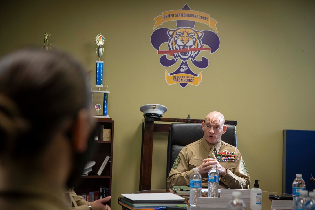 The 19th Sergeant Major of the Marine Corps, Sgt. Maj. Troy E. Black, greets Marines with Recruiting Station Baton Rouge, Baton Rouge, La, Feb. 3, 2021. The Sergeant Major of the Marine Corps conducted the visit to speak with the recruiters there that are a crucial step in the recruit to retain continuum. Marine Corps Recruiting Stations' mission is to seek out and find the highest quality young men and women to take up the challenge to earn the title of a United States Marine.(U.S. Marine Corps photo by Sgt. Victoria Ross)