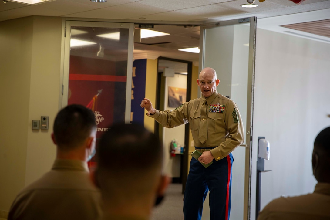 The 19th Sergeant Major of the Marine Corps, Sgt. Maj. Troy E. Black, greets Marines with Recruiting Station Baton Rouge, Baton Rouge, La, Feb. 3, 2021. The Sergeant Major of the Marine Corps conducted the visit to speak with the recruiters there that are a crucial step in the recruit to retain continuum. Marine Corps Recruiting Stations' mission is to seek out and find the highest quality young men and women to take up the challenge to earn the title of a United States Marine.(U.S. Marine Corps photo by Sgt. Victoria Ross)