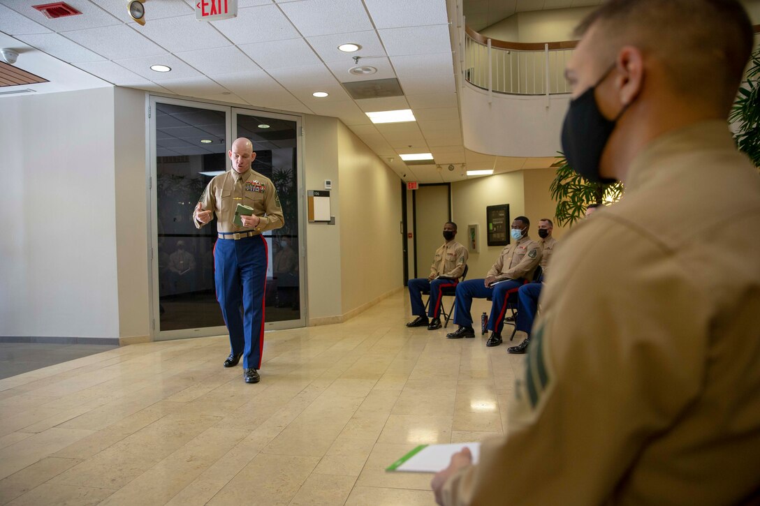 The 19th Sergeant Major of the Marine Corps, Sgt. Maj. Troy E. Black, greets Marines with Recruiting Station Baton Rouge, Baton Rouge, La, Feb. 3, 2021. The Sergeant Major of the Marine Corps conducted the visit to speak with the recruiters there that are a crucial step in the recruit to retain continuum. Marine Corps Recruiting Stations' mission is to seek out and find the highest quality young men and women to take up the challenge to earn the title of a United States Marine.(U.S. Marine Corps photo by Sgt. Victoria Ross)