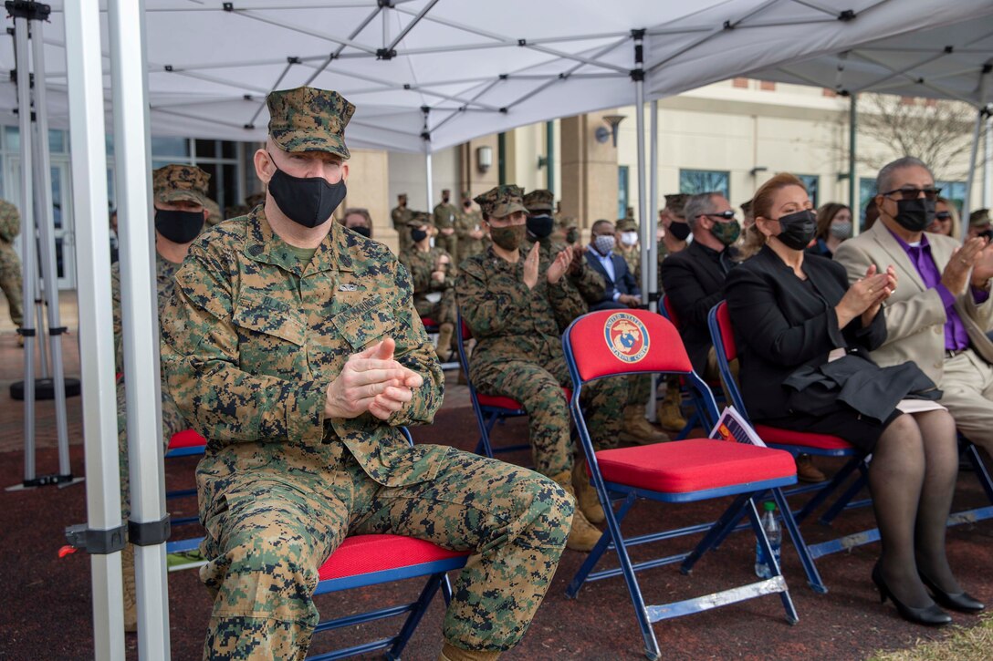 The 19th Sergeant Major of the Marine Corps, Sgt. Maj. Troy E. Black, attends the relief and appointment of Sgt. Maj. Grade and Sgt. Maj. Ruiz in conjunction with a retirement ceremony in honor of Sgt. Maj. Grade at Marine Corps Forces Reserve, New Orleans, La, Feb. 4, 2021. The Sergeant Major of the Marine Corps conducted the visit to speak with the Staff-Non Commissioned Officers and Senior Leadership about his priorities for the next 12 months. Marine Forces Reserve organizes, mans, equips, trains, and sustains more than 40,000 Drilling Reserve Marines and some 60,000 Individual Ready Reserve Marines to support Theater Security Cooperation Exercises and Overseas Contingency Operation requirements. (U.S. Marine Corps photo by Sgt. Victoria Ross)
