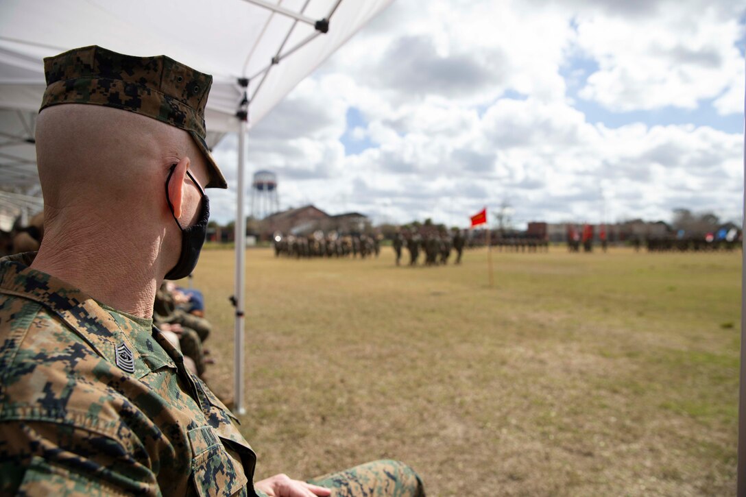 The 19th Sergeant Major of the Marine Corps, Sgt. Maj. Troy E. Black, attends the relief and appointment of Sgt. Maj. Grade and Sgt. Maj. Ruiz in conjunction with a retirement ceremony in honor of Sgt. Maj. Grade at Marine Corps Forces Reserve, New Orleans, La, Feb. 4, 2021. The Sergeant Major of the Marine Corps conducted the visit to speak with the Staff-Non Commissioned Officers and Senior Leadership about his priorities for the next 12 months. Marine Forces Reserve organizes, mans, equips, trains, and sustains more than 40,000 Drilling Reserve Marines and some 60,000 Individual Ready Reserve Marines to support Theater Security Cooperation Exercises and Overseas Contingency Operation requirements. (U.S. Marine Corps photo by Sgt. Victoria Ross)