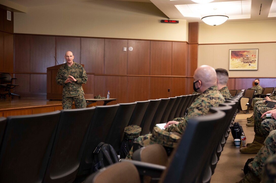 The 19th Sergeant Major of the Marine Corps, Sgt. Maj. Troy E. Black, addresses Marines attending the First Sergeant Symposium at Marine Corps Forces Reserve, New Orleans, La, Feb. 4, 2021. The Sergeant Major of the Marine Corps conducted the visit to speak with Staff-Non Commissioned Officer leadership about his priorities for the next 12 months and answer any questions. Marine Forces Reserve organizes, mans, equips, trains, and sustains more than 40,000 Drilling Reserve Marines and some 60,000 Individual Ready Reserve Marines to support Theater Security Cooperation Exercises and Overseas Contingency Operation requirements. (U.S. Marine Corps photo by Sgt. Victoria Ross)