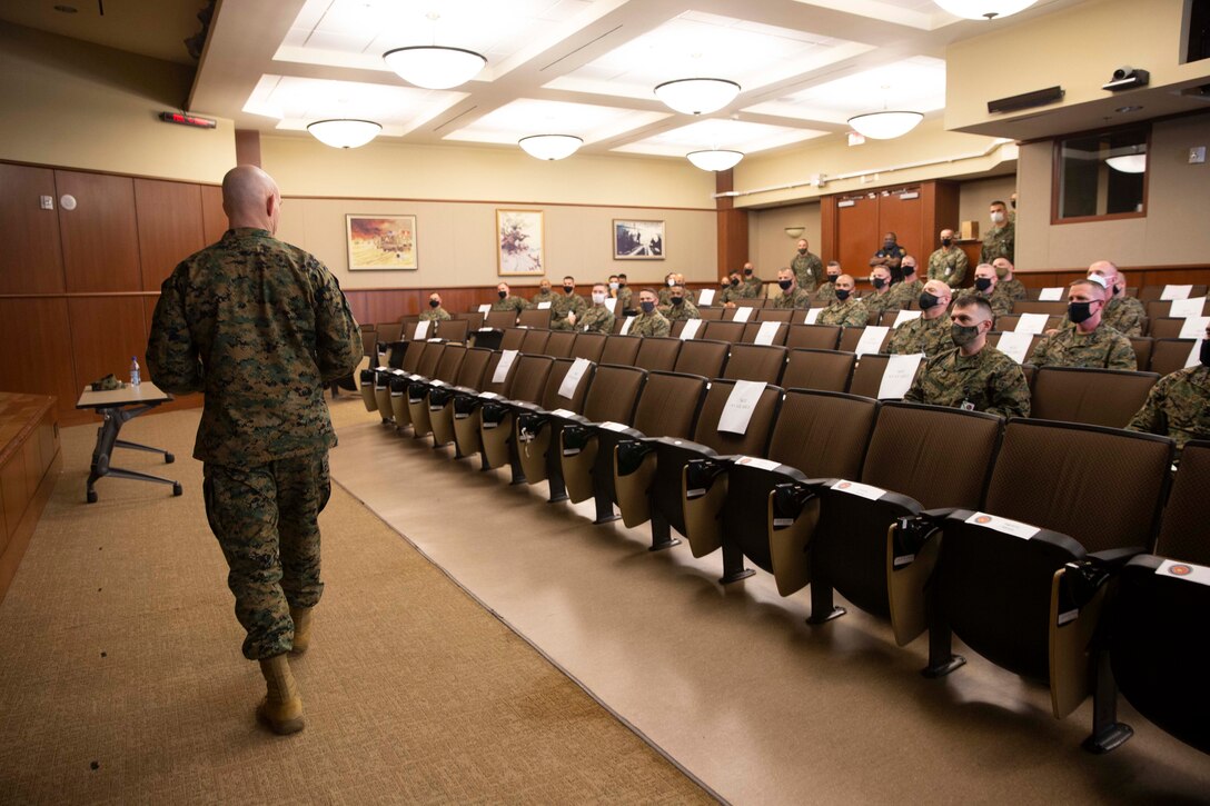 The 19th Sergeant Major of the Marine Corps, Sgt. Maj. Troy E. Black, addresses Marines attending the First Sergeant Symposium at Marine Corps Forces Reserve, New Orleans, La, Feb. 4, 2021. The Sergeant Major of the Marine Corps conducted the visit to speak with Staff-Non Commissioned Officer leadership about his priorities for the next 12 months and answer any questions. Marine Forces Reserve organizes, mans, equips, trains, and sustains more than 40,000 Drilling Reserve Marines and some 60,000 Individual Ready Reserve Marines to support Theater Security Cooperation Exercises and Overseas Contingency Operation requirements. (U.S. Marine Corps photo by Sgt. Victoria Ross)