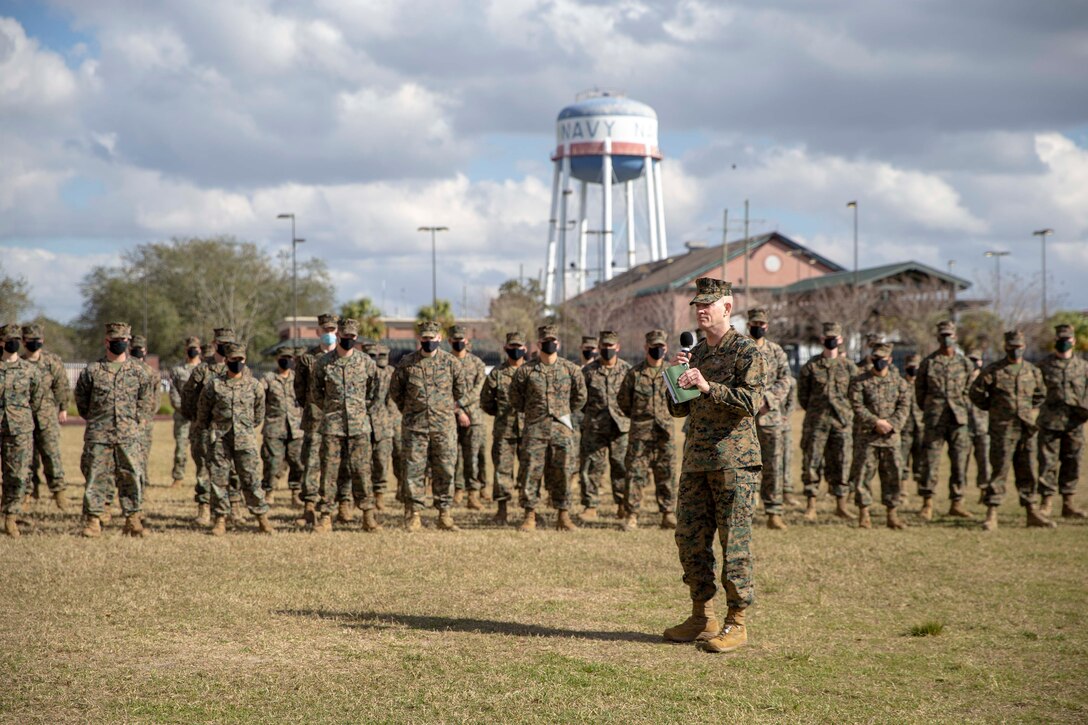The 19th Sergeant Major of the Marine Corps, Sgt. Maj. Troy E. Black, speaks to Marines at Marine Corps Forces Reserve, New Orleans, La, Feb. 4, 2021. The Sergeant Major of the Marine Corps conducted the visit to speak with the Marines about his priorities for the next 12 months and answer any questions they might have. Marine Forces Reserve organizes, mans, equips, trains, and sustains more than 40,000 Drilling Reserve Marines and some 60,000 Individual Ready Reserve Marines to support Theater Security Cooperation Exercises and Overseas Contingency Operation requirements. (U.S. Marine Corps photo by Sgt. Victoria Ross)
