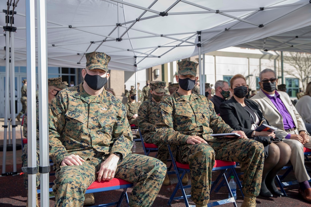 The 19th Sergeant Major of the Marine Corps, Sgt. Maj. Troy E. Black, attends the relief and appointment of Sgt. Maj. Grade and Sgt. Maj. Ruiz in conjunction with a retirement ceremony in honor of Sgt. Maj. Grade at Marine Corps Forces Reserve, New Orleans, La, Feb. 4, 2021. The Sergeant Major of the Marine Corps conducted the visit to speak with the Staff-Non Commissioned Officers and Senior Leadership about his priorities for the next 12 months. Marine Forces Reserve organizes, mans, equips, trains, and sustains more than 40,000 Drilling Reserve Marines and some 60,000 Individual Ready Reserve Marines to support Theater Security Cooperation Exercises and Overseas Contingency Operation requirements. (U.S. Marine Corps photo by Sgt. Victoria Ross)