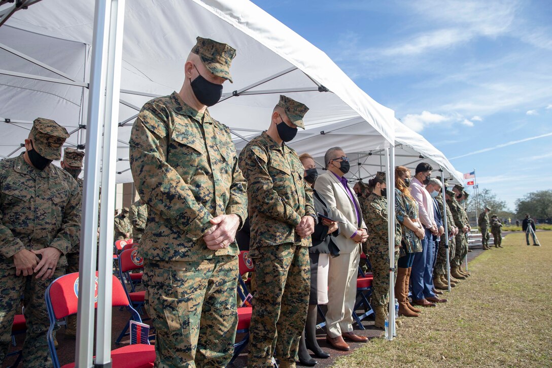 The 19th Sergeant Major of the Marine Corps, Sgt. Maj. Troy E. Black, attends the relief and appointment of Sgt. Maj. Grade and Sgt. Maj. Ruiz in conjunction with a retirement ceremony in honor of Sgt. Maj. Grade at Marine Corps Forces Reserve, New Orleans, La, Feb. 4, 2021. The Sergeant Major of the Marine Corps conducted the visit to speak with the Staff-Non Commissioned Officers and Senior Leadership about his priorities for the next 12 months. Marine Forces Reserve organizes, mans, equips, trains, and sustains more than 40,000 Drilling Reserve Marines and some 60,000 Individual Ready Reserve Marines to support Theater Security Cooperation Exercises and Overseas Contingency Operation requirements. (U.S. Marine Corps photo by Sgt. Victoria Ross)