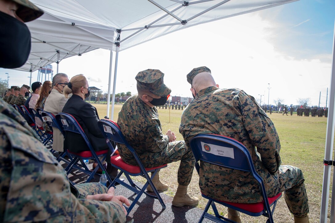 The 19th Sergeant Major of the Marine Corps, Sgt. Maj. Troy E. Black, attends the relief and appointment of Sgt. Maj. Grade and Sgt. Maj. Ruiz in conjunction with a retirement ceremony in honor of Sgt. Maj. Grade at Marine Corps Forces Reserve, New Orleans, La, Feb. 4, 2021. The Sergeant Major of the Marine Corps conducted the visit to speak with the Staff-Non Commissioned Officers and Senior Leadership about his priorities for the next 12 months. Marine Forces Reserve organizes, mans, equips, trains, and sustains more than 40,000 Drilling Reserve Marines and some 60,000 Individual Ready Reserve Marines to support Theater Security Cooperation Exercises and Overseas Contingency Operation requirements. (U.S. Marine Corps photo by Sgt. Victoria Ross)
