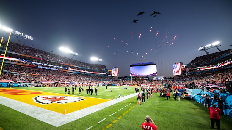 Air Force Global Strike Command bombers perform the Super Bowl LV flyover at Raymond James Stadium in Tampa, Fla., Jan. 7, 2021. The trifecta was the first of its kind as it included a B-1B Lancer from Ellsworth Air Force Base, S.D., a B-2 Spirit from Whiteman AFB, Mo., and a B-52H Stratofortress from Minot AFB, N.D. (U.S. Air Force photo by Airman 1st Class Jacob B. Wrightsman)