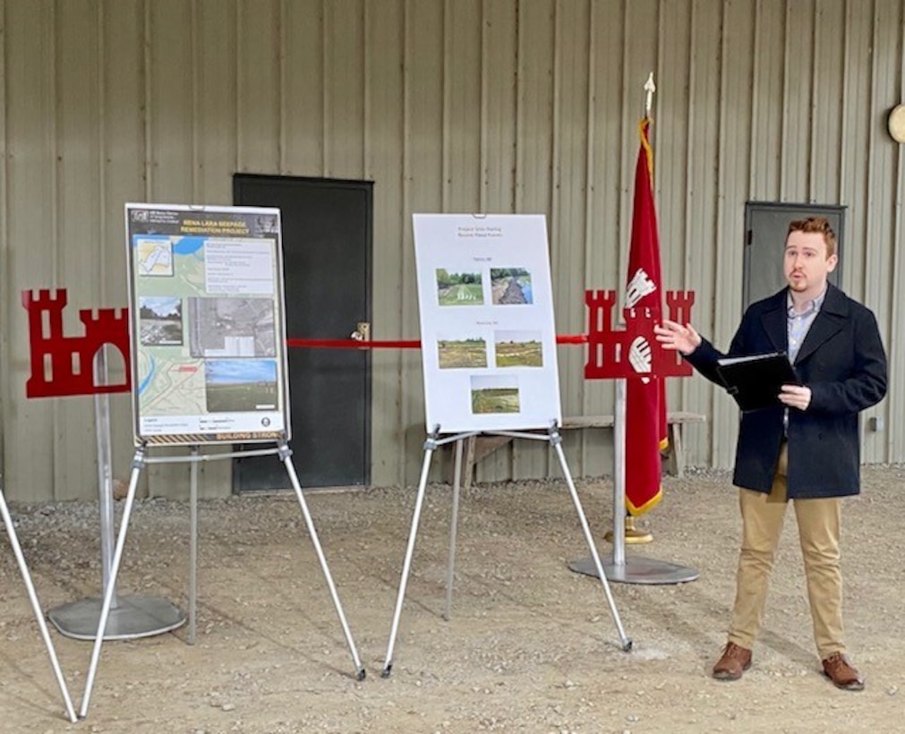 IN THE PHOTOS, Memphis District Commander Col. Zachary Miller, the district partner, and other district team members are briefed on the details of the project. Afterward, the group held a ribbon-cutting ceremony, symbolizing the victory and celebration of completing yet another significant project. (USACE photos by Jessica Haas)