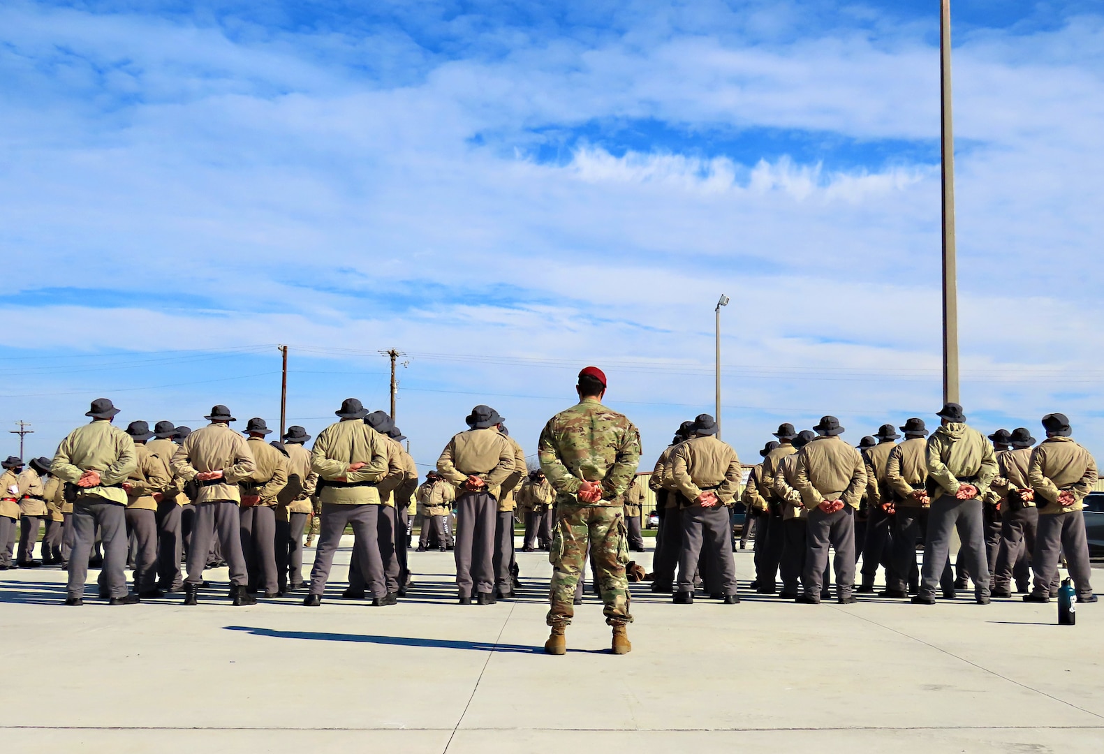 Sgt. Matthew Harrison monitors the morning accountability formation during the acclimation phase at the Texas ChalleNGe Academy in Eagle Lake, Texas.