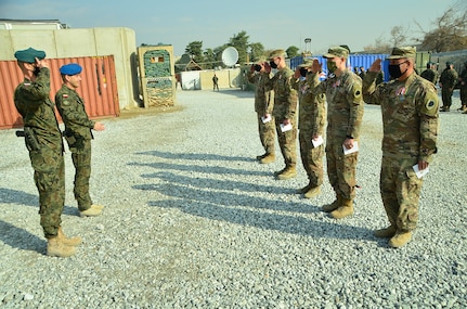 The Illinois Army National Guard Bilateral Embedded Support Team A25 render honors to members of the Polish military contingent during the ILARNG BEST decommissioning ceremony.