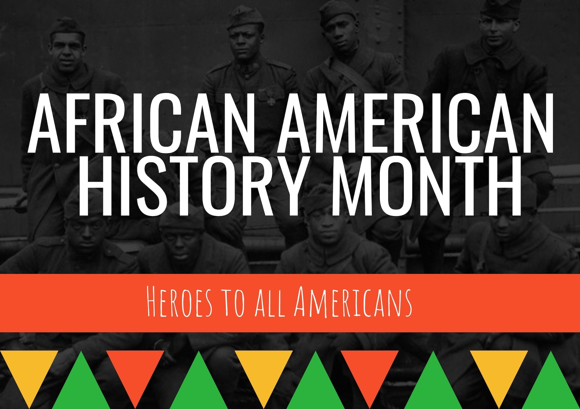 Graphic that reads African American History Month with red, green and yellow shapes.