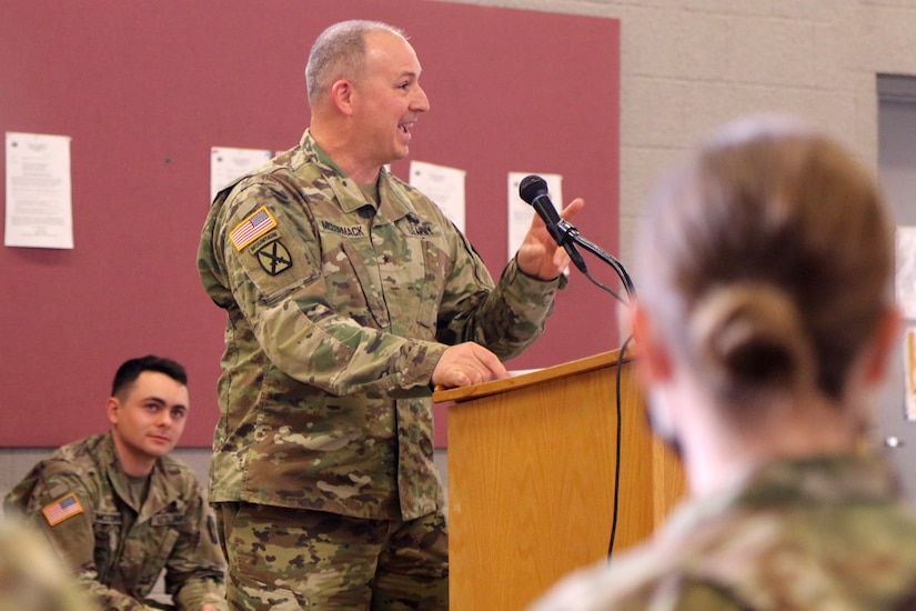 Brig. Gen. James McCormack, Pennsylvania’s assistant adjutant general, speaks to members of the 828th Financial Management Support Detachment, 28th Management Support Unit, 728th Combat Support Sustainment Battalion, 213th Regional Support Group, Pennsylvania Army National Guard, during a welcome home ceremony at the Lebanon Readiness Center Feb 7.