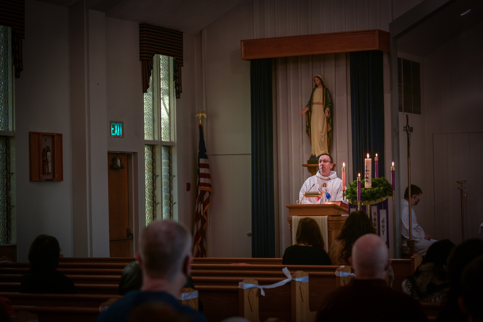 U.S. Air Force Chaplain (Capt.) Pedro Jimenez Barros, a 446th Airlift Wing chaplain, celebrates Mass at the base chapel during a unit training assembly on Jan. 10, 2021, Joint Base Lewis-McChord, Washington.