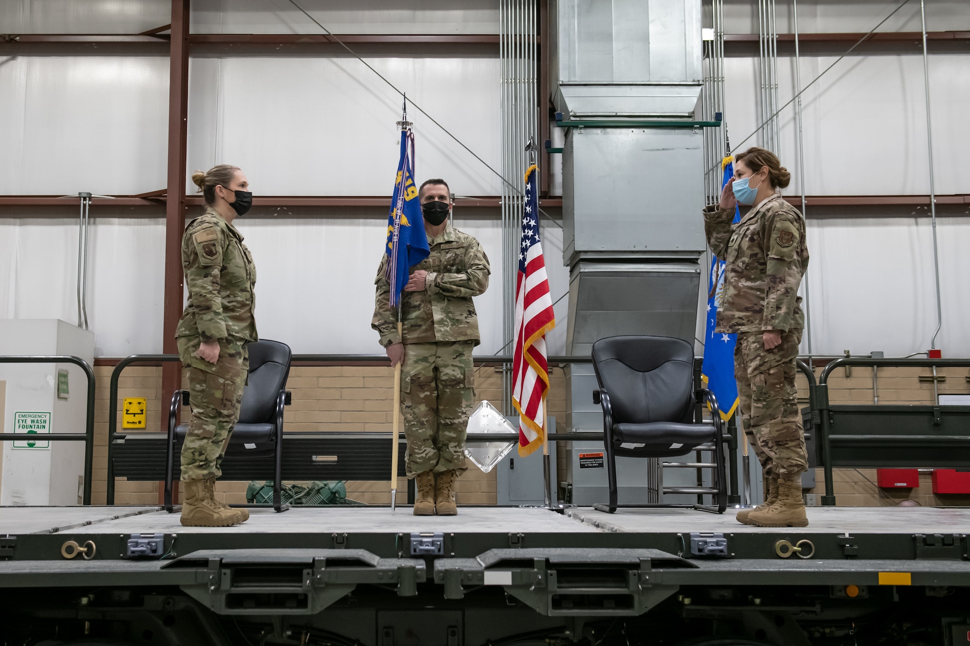 Lt. Col. Jennifer Burghdorf, the new commander of the 419th Civil Engineer Squadron, renders a salute to Col. Jennifer Fiederer, 419th Mission Support Group commander, during a change of command ceremony