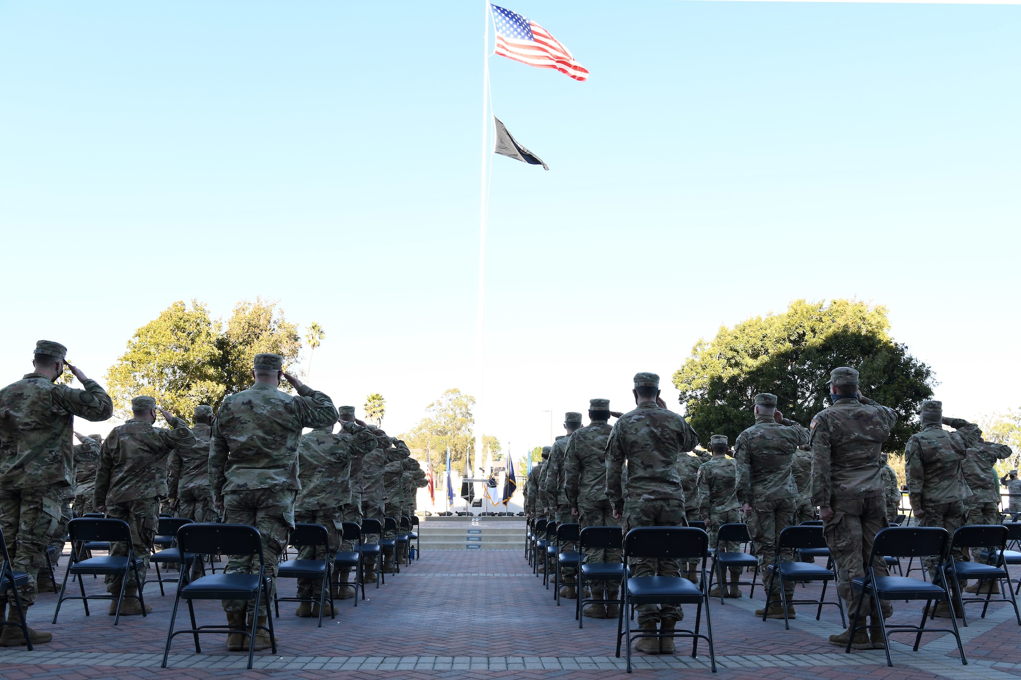 Members assigned to Vandenberg Air Force Base prepare to commission and enlist into the United States Space Force during the United States Space Force Transfer Ceremony Feb. 5, 2021, at Vandenberg Air Force Base, Calif. Air Force personnel in space-related career fields have been transferring into the USSF to become Space Force Guardians since Sept. 1, 2020.