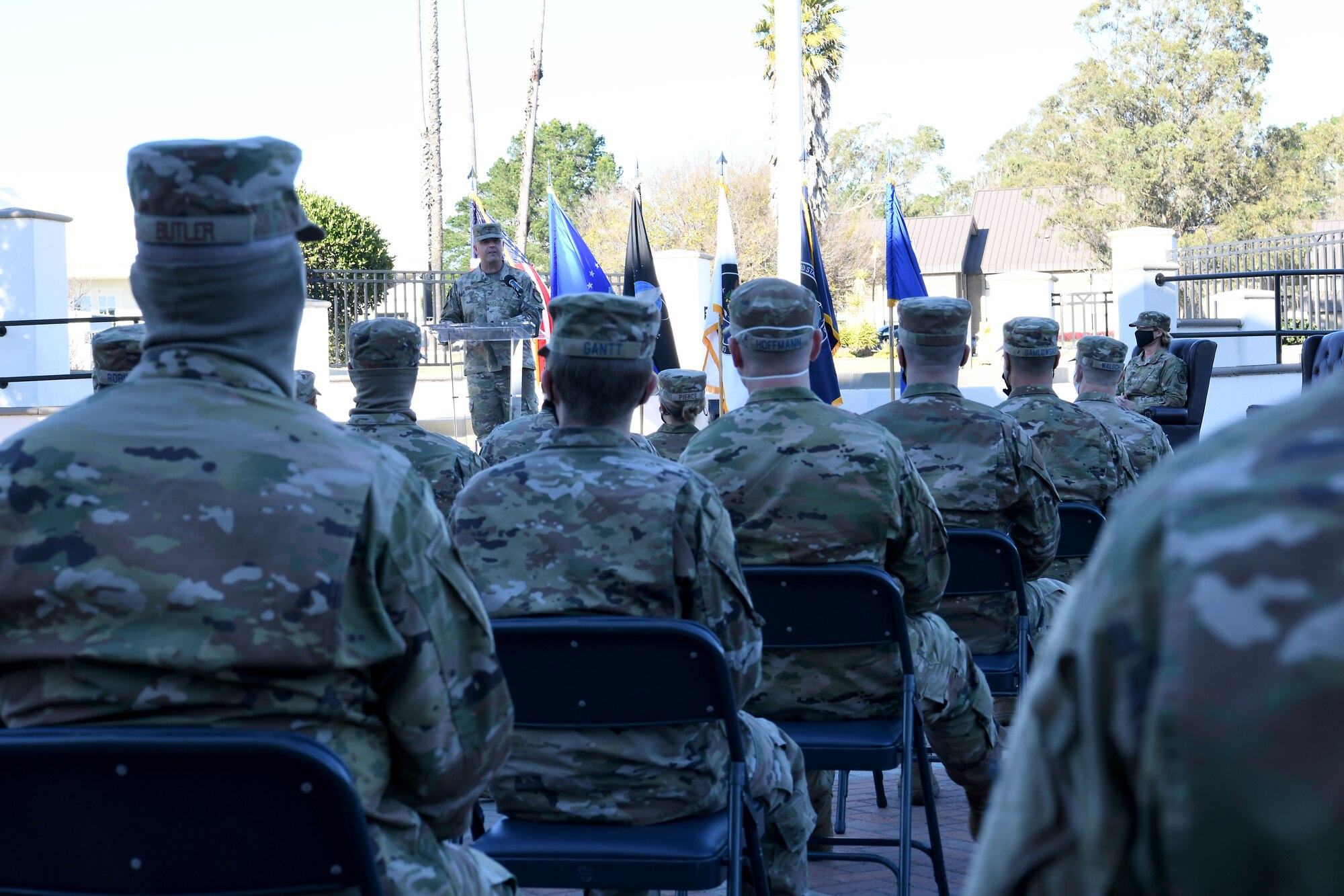 Col. Anthony Mastalir, 30th Space Wing commander, speaks to future Guardians assigned to Vandenberg Air Force Base as they prepare to commission and enlist into the United States Space Force during the USSF Transfer Ceremony Feb. 5, 2021, at Vandenberg Air Force Base, Calif.