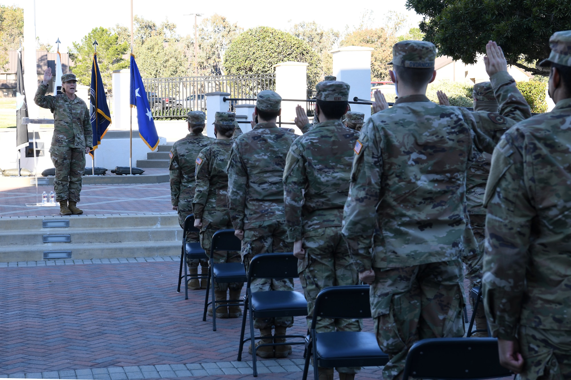 Maj. Gen. DeAnna Burt, U.S. Space Forces Space Operations Command commander and Space Operations Command deputy commander, administers the Oath of Office during the USSF Transfer Ceremony Feb. 5, 2021, at Vandenberg Air Force Base, Calif.