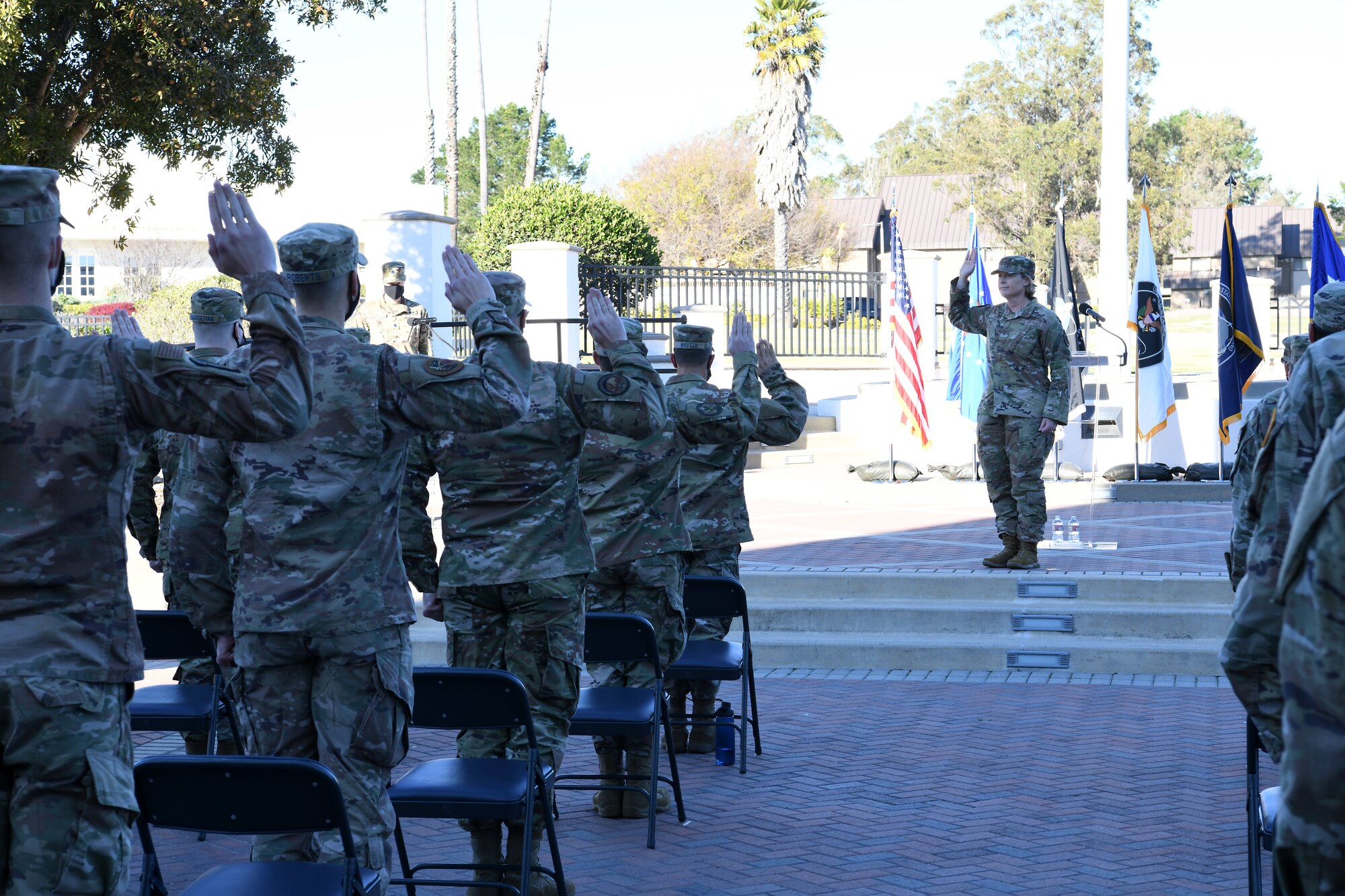 Maj. Gen. DeAnna Burt, U.S. Space Forces Space Operations Command commander and Space Operations Command deputy commander, administers the Oath of Enlistment during the USSF Transfer Ceremony Feb. 5, 2021, at Vandenberg Air Force Base, Calif.