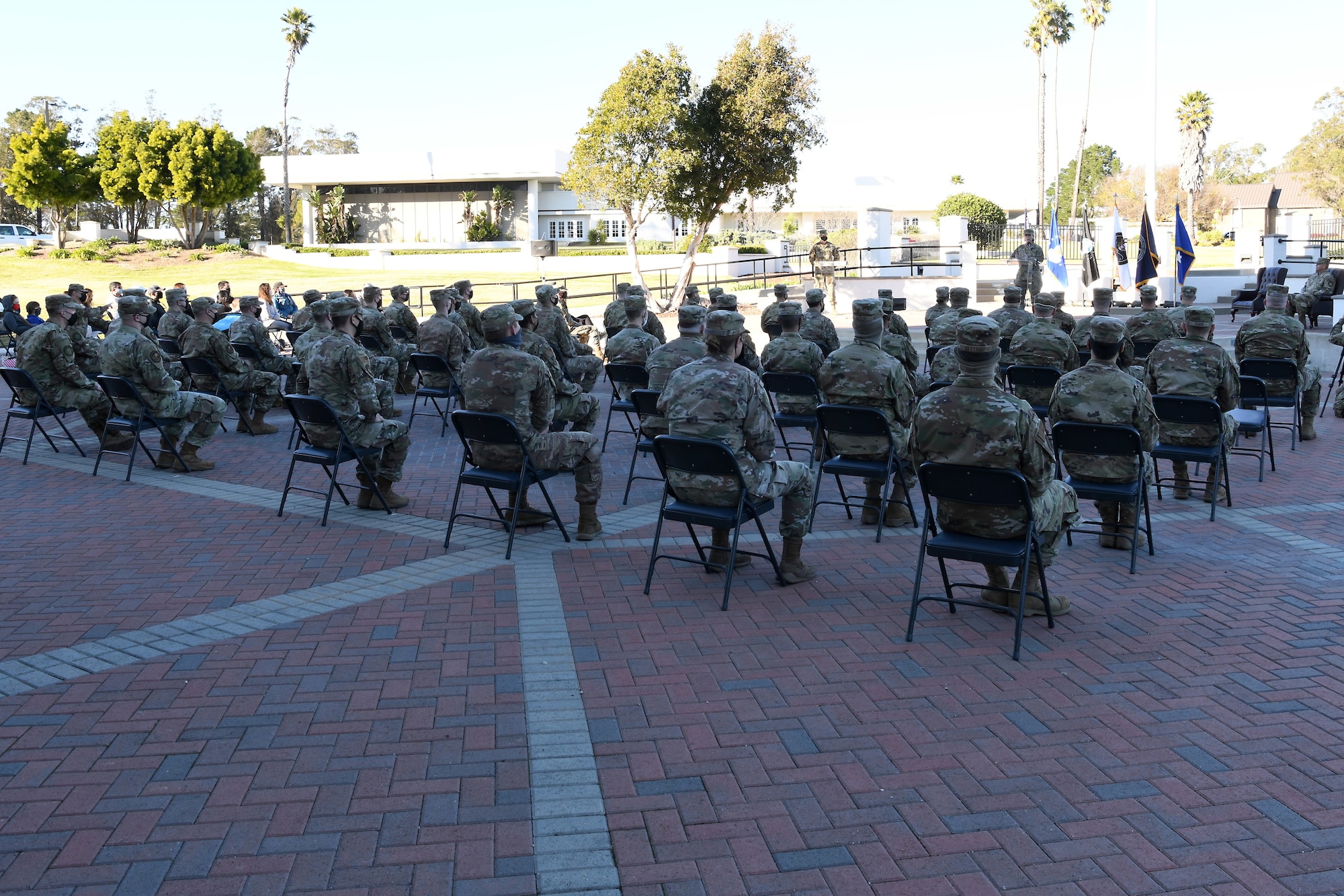 Maj. Gen. DeAnna Burt, U.S. Space Forces Space Operations Command commander and Space Operations Command deputy commander, speaks during the USSF Transfer Ceremony Feb. 5, 2021, at Vandenberg Air Force Base, Calif.