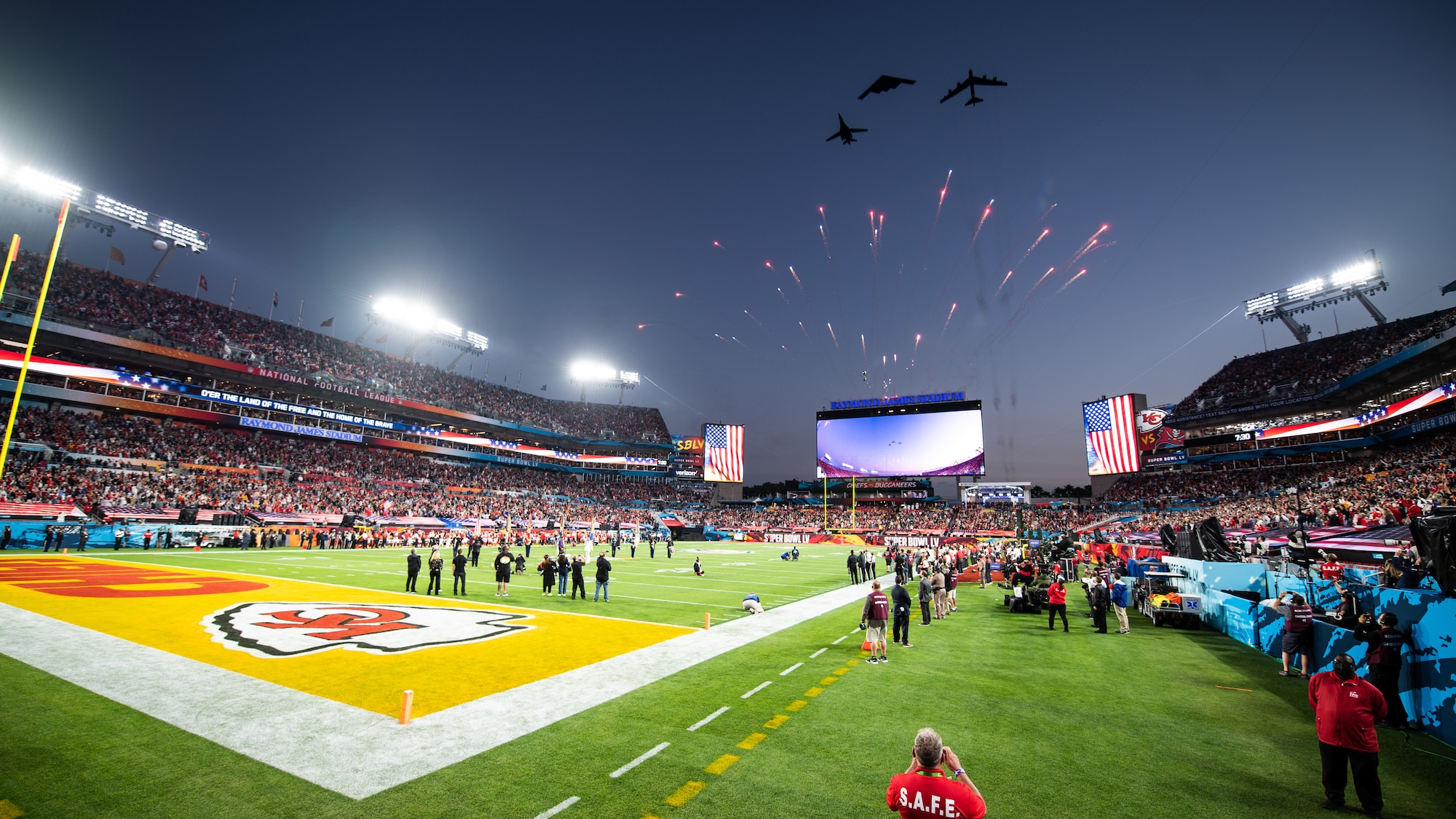 Air Force Global Strike Command bombers perform the Super Bowl LV flyover at Raymond James Stadium in Tampa, Fla., Jan. 7, 2021. The trifecta was the first of its kind as it included a B-1B Lancer from Ellsworth Air Force Base, S.D., a B-2 Spirit from Whiteman AFB, Mo., and a B-52H Stratofortress from Minot AFB, N.D. (U.S. Air Force photo by Airman 1st Class Jacob B. Wrightsman)