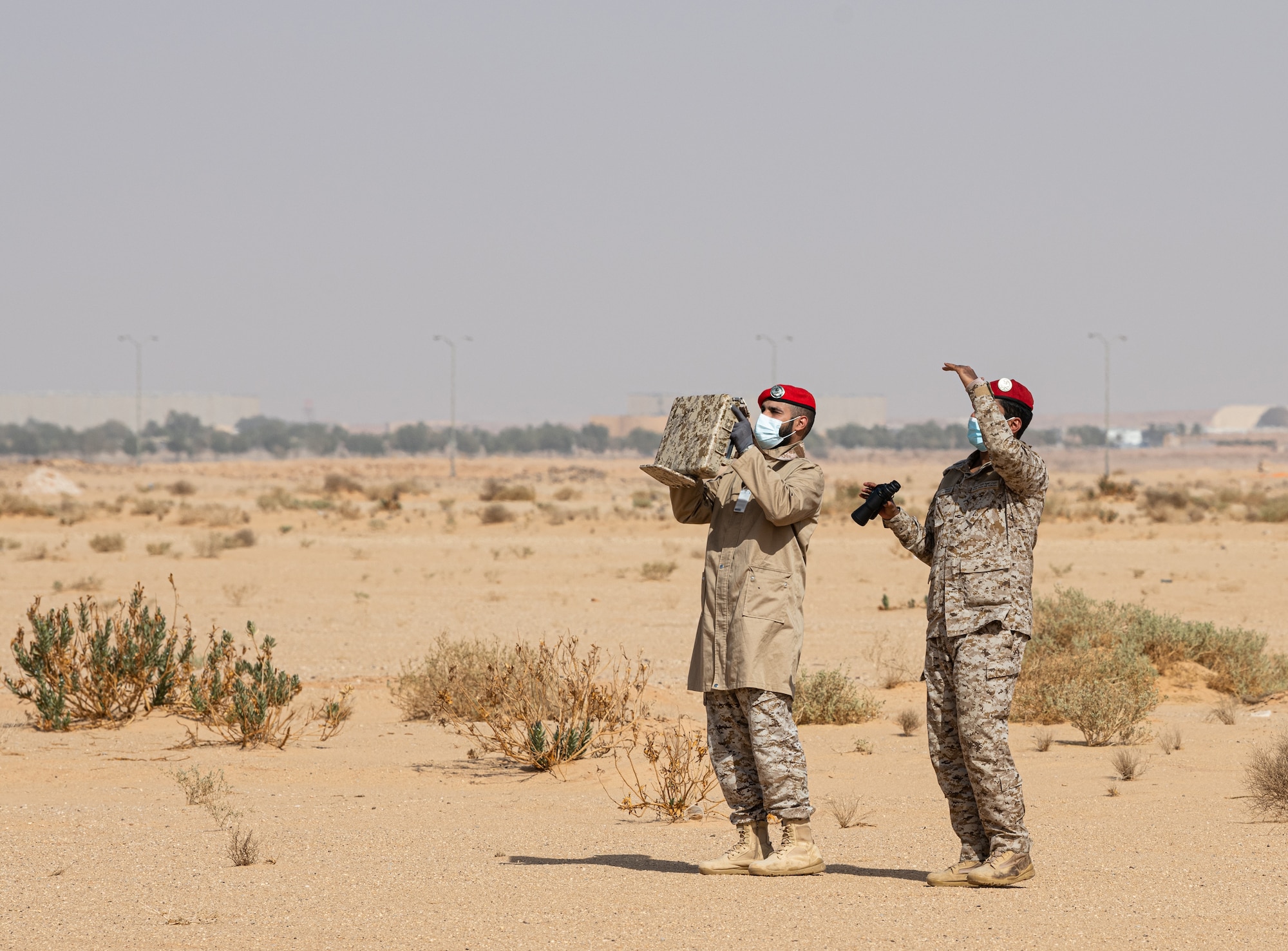 Personnel from the 378th Air Expeditionary Wing trained with Royal Saudi Air Force Police Wing members in a joint counter unmanned aerial system exercise Jan. 27, 2021 at Prince Sultan Air Base, Kingdom of Saudi Arabia.