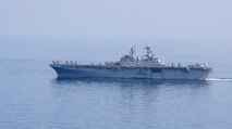 Amphibious assault ship USS Makin Island (LHD 8) transits the Strait of Hormuz, Feb. 8. The Makin Island Amphibious Ready Group and the 15th Marine Expeditionary Unit are deployed to the U.S. 5th Fleet area of operations in support of naval operations to ensure maritime stability and security in the Central Region, connecting the Mediterranean and Pacific through the western Indian Ocean and three strategic choke points. (U.S. Navy photo by Mass Communication Specialist 3rd Class Ethan Jaymes Morrow)