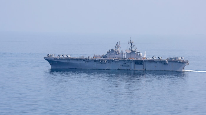 Amphibious assault ship USS Makin Island (LHD 8) transits the Strait of Hormuz, Feb. 8. The Makin Island Amphibious Ready Group and the 15th Marine Expeditionary Unit are deployed to the U.S. 5th Fleet area of operations in support of naval operations to ensure maritime stability and security in the Central Region, connecting the Mediterranean and Pacific through the western Indian Ocean and three strategic choke points. (U.S. Navy photo by Mass Communication Specialist 3rd Class Ethan Jaymes Morrow)