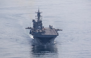 Amphibious assault ship USS Makin Island (LHD 8) transits the Strait of Hormuz, Feb. 8. The Makin Island Amphibious Ready Group and the 15th Marine Expeditionary Unit are deployed to the U.S. 5th Fleet area of operations in support of naval operations to ensure maritime stability and security in the Central Region, connecting the Mediterranean and Pacific through the western Indian Ocean and three strategic choke points. (U.S. Navy photo by Mass Communication Specialist 3rd Class Ethan Jaymes Morrow)